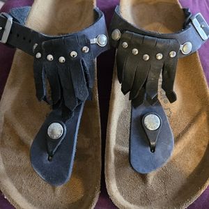 Birkenstock Oiled Black Gizeh Fringe Sandals Size 38